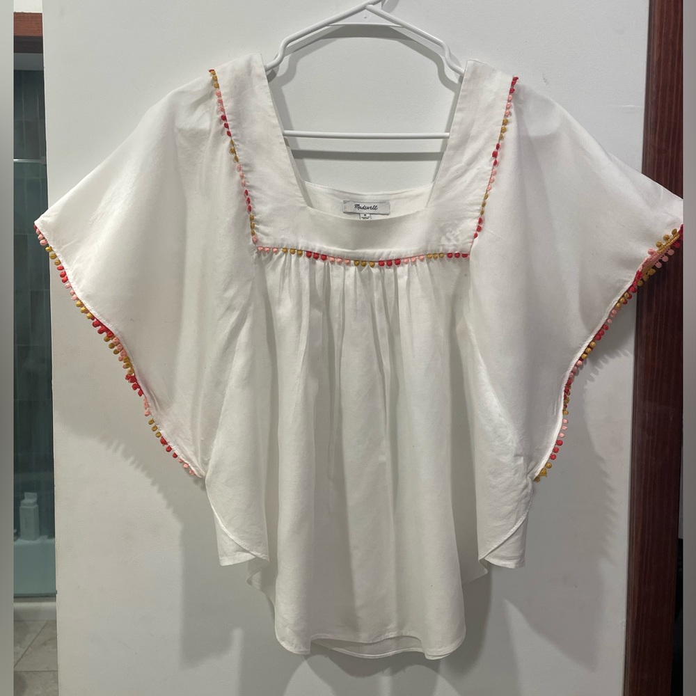 Madewell Mexican style blouse size Medium, white with colorful Pom accents